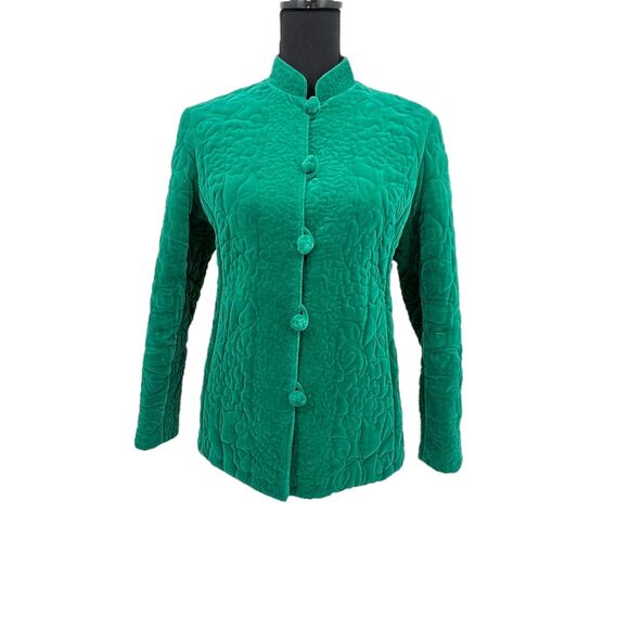 Vintage‎ 1960s Emerald Green Quilted Velvet Mandarin Collar Frog Closure Jacket - Picture 8 of 9